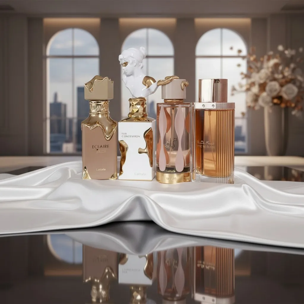 Golden Scent bottles in a softly lit editorial still life